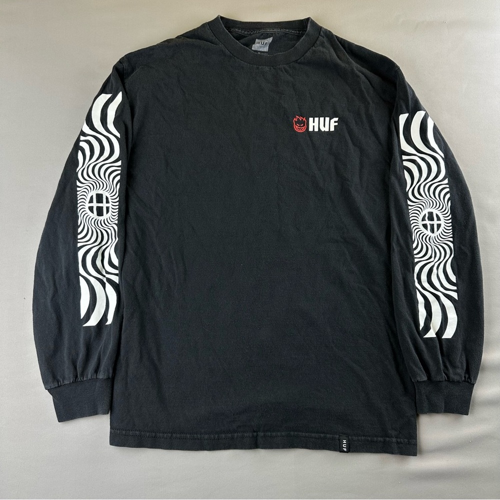 HUF x SF Long Sleeve Tee with White Sleeve Waves and Red Logo